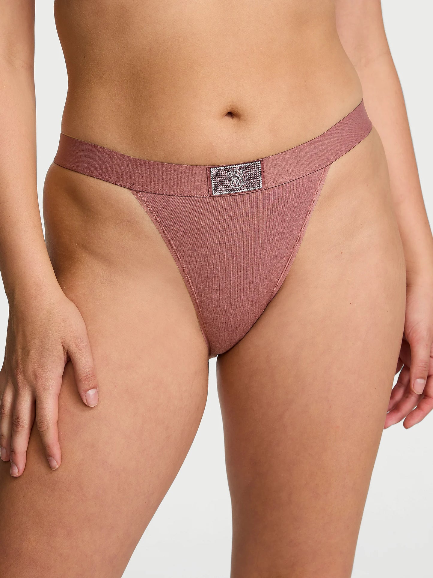 Shine Patch Logo Cotton Tanga Panty, Vintage Rose