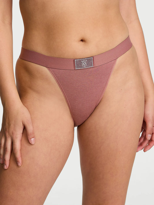 Shine Patch Logo Cotton Tanga Panty, Vintage Rose