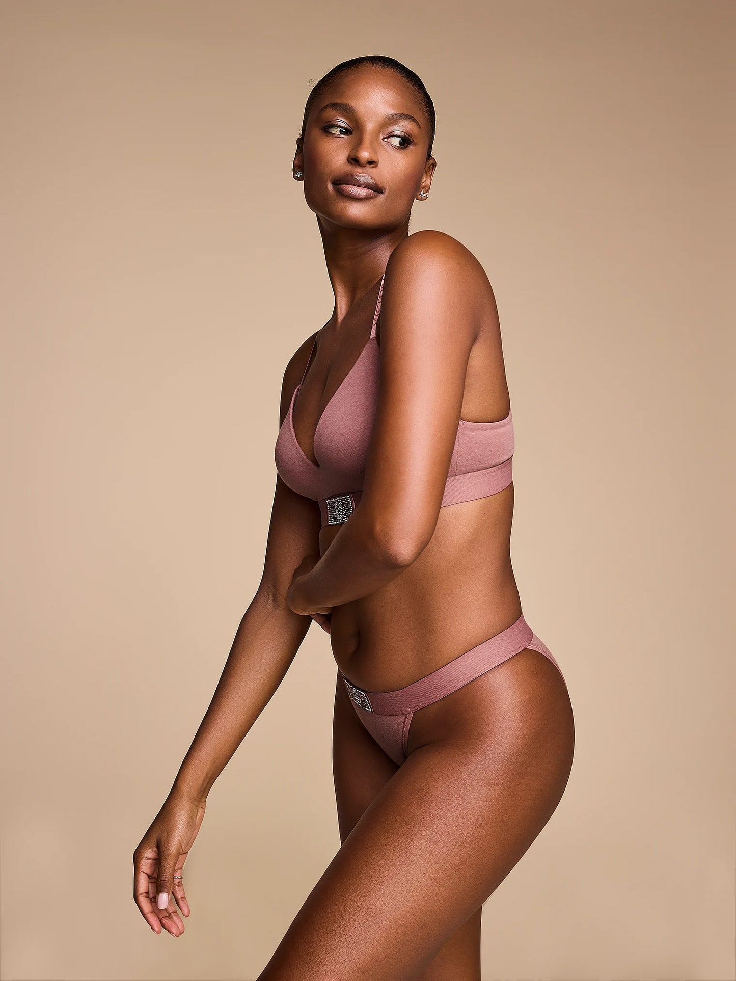 Shine Patch Logo Cotton Tanga Panty, Vintage Rose