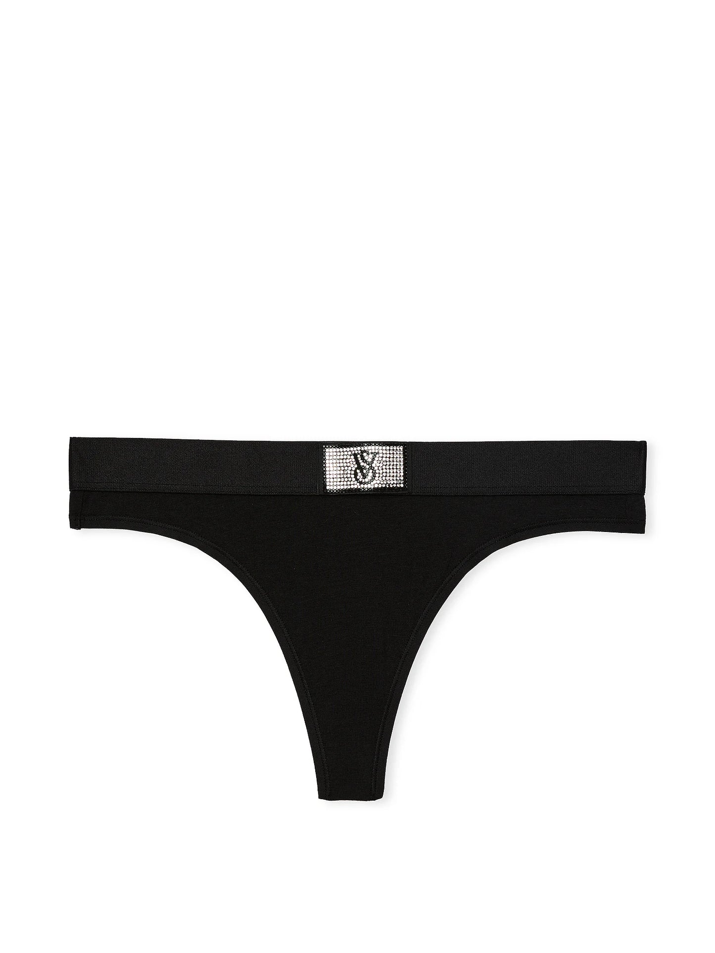 Shine Patch Cotton Thong Panty, Black
