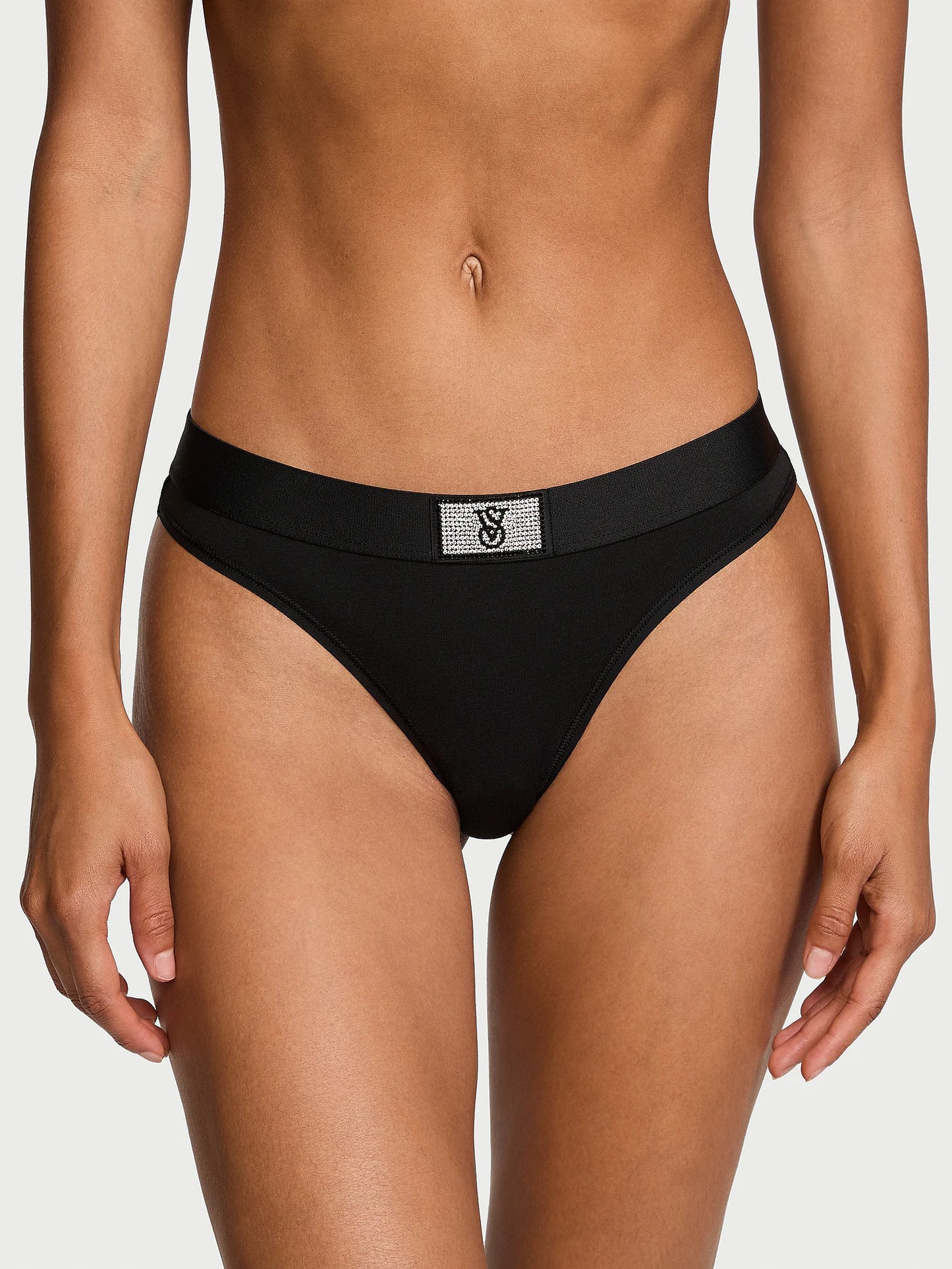 Shine Patch Cotton Thong Panty, Black