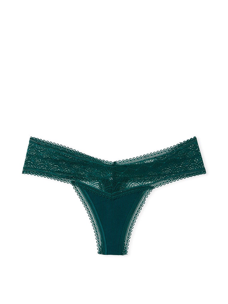 Lace Waist Ribbed Cotton Thong Panty