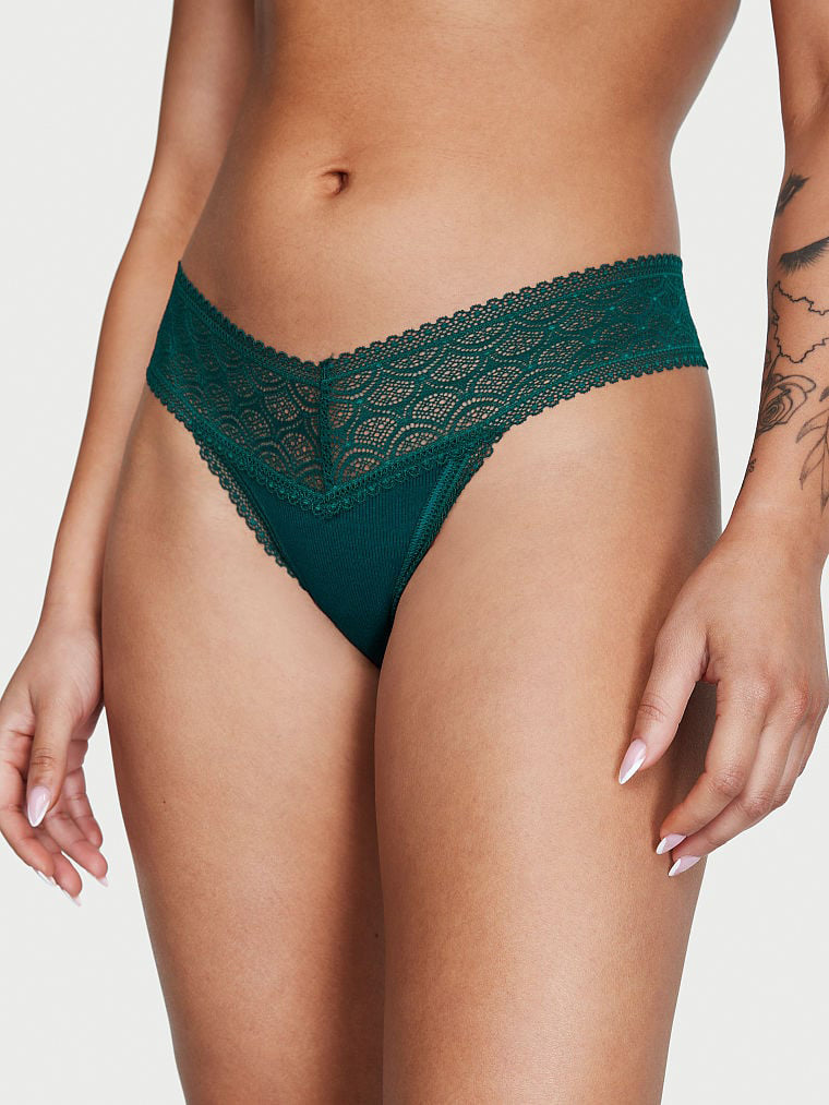 Lace Waist Ribbed Cotton Thong Panty