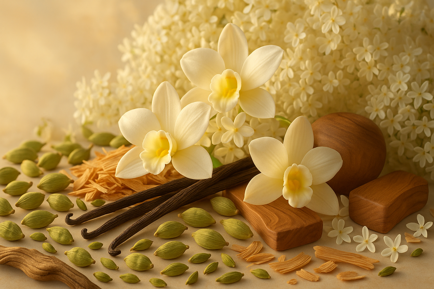 fresh cardamom, vanilla absolute and a lot of flower vanilla and captivating woods.