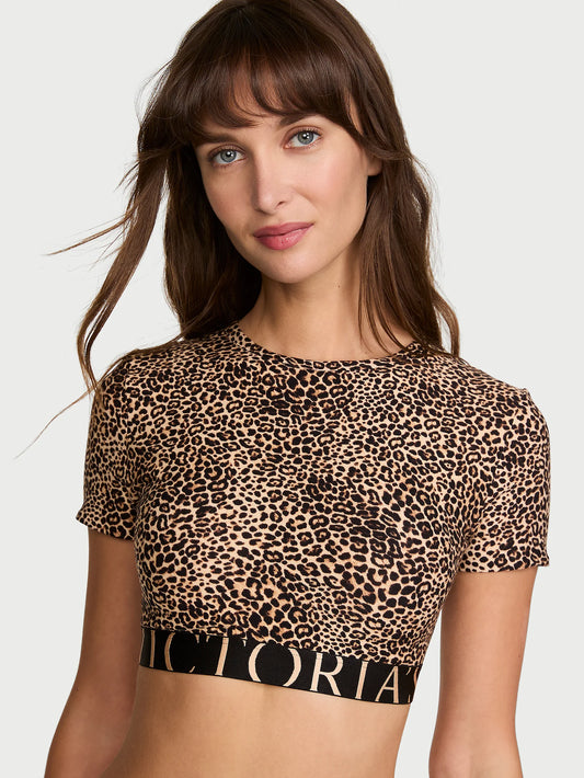 The T-shirt - Cotton, Short-Sleeve Bralette Crop Top Leopard